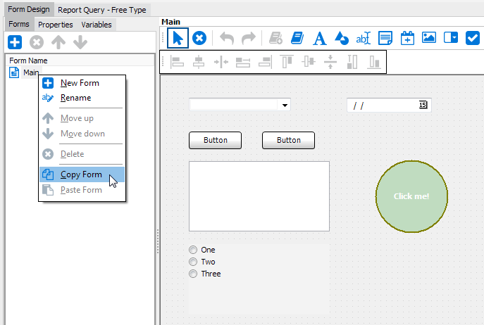 The forms tab on the data block designer. Right click on the form name on the forms tab to see the shortcut menu. The copy form option is highlighted.